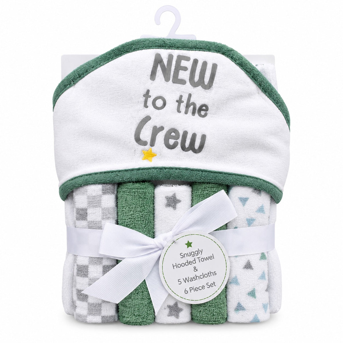 A baby gift set containing a green and white hooded towel with the words 'NEW to the Crew' and a white ribbon bow, wrapped with a round tag that reads 'Snuggly Hooded Towel & 5 Washcloths 6 Piece Set'.