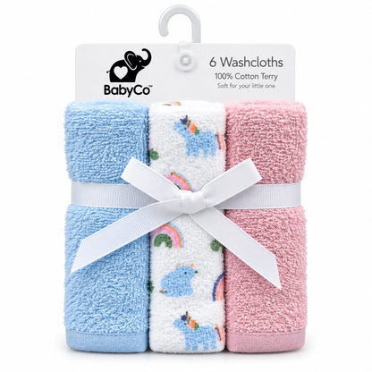 BabyCo 6-piece cotton terry washcloth set in blue, white and pink