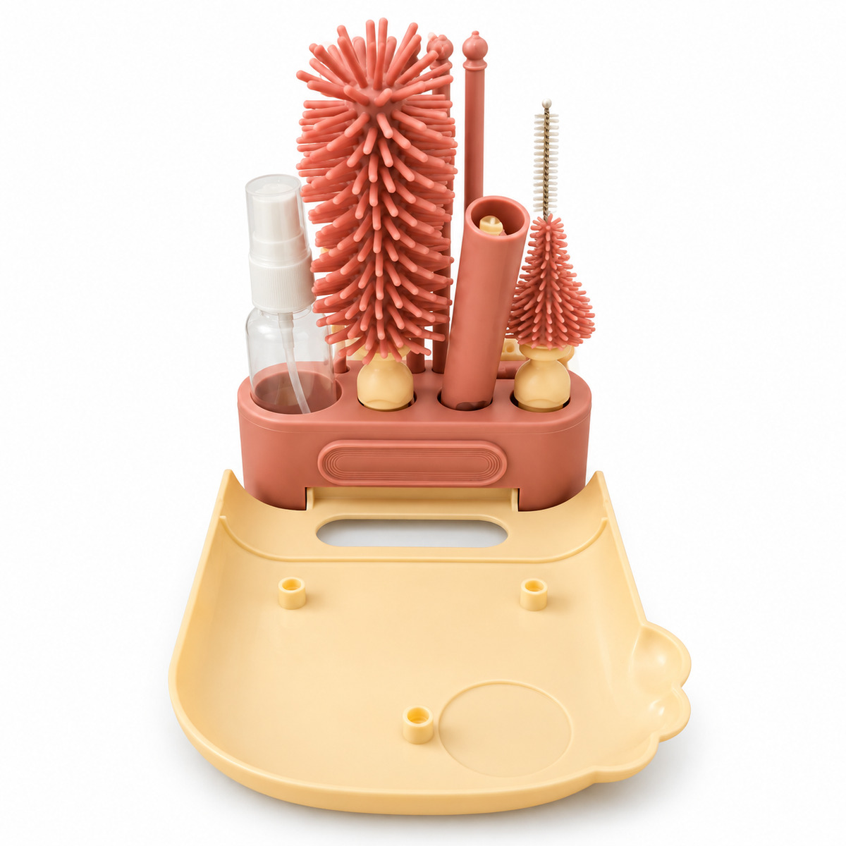 BabyCo 8-piece feeder cleaning set with stand in coral and beige
