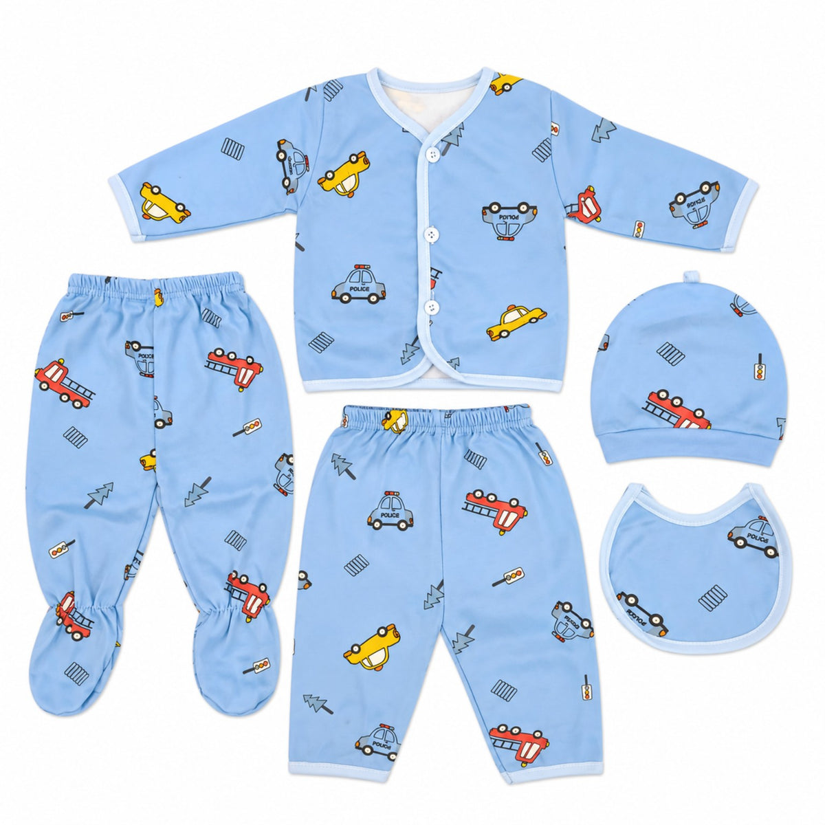 BabyCo blue 5-piece lite fleece winter newborn starter set with vehicle print top trousers cap mittens and bib