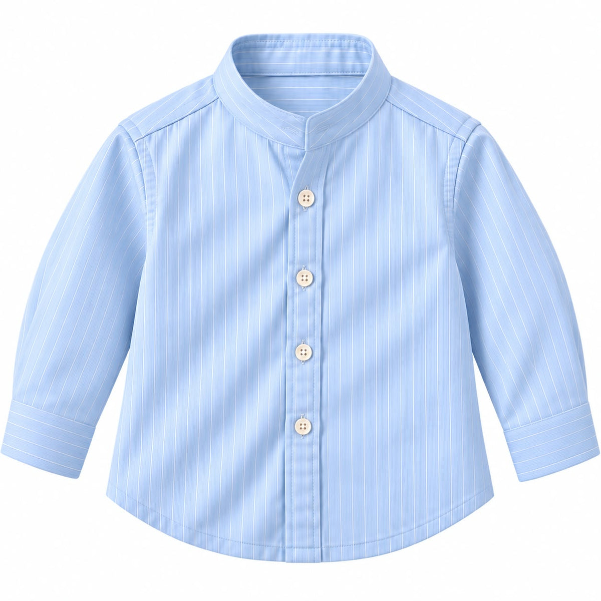BabyCo Little Tailors light blue cotton pinstripe baby shirt with band collar and long sleeves