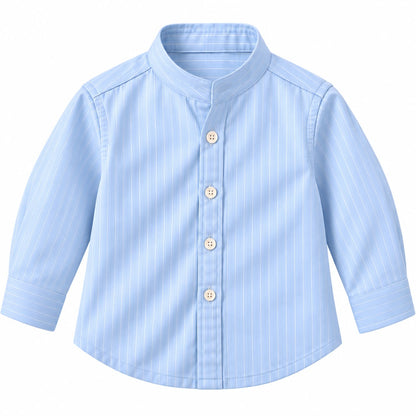 BabyCo Little Tailors light blue cotton pinstripe baby shirt with band collar and long sleeves