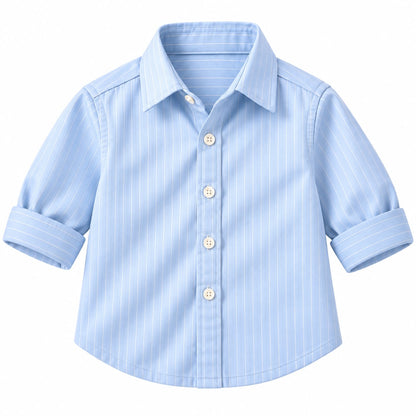 BabyCo Little Tailors light blue cotton pinstripe baby shirt with pointed collar and rolled sleeve cuffs