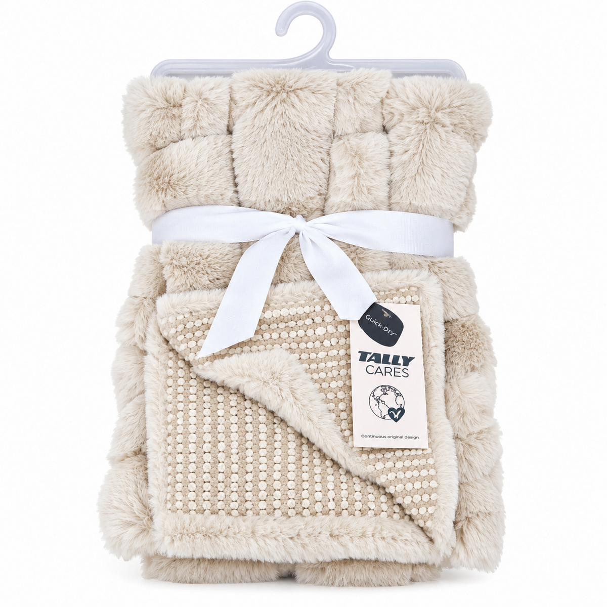 BabyCo CloudVelvet Cream Plush Baby Blanket with fluffy beige fur texture, white ribbon and dotted textured inner panel