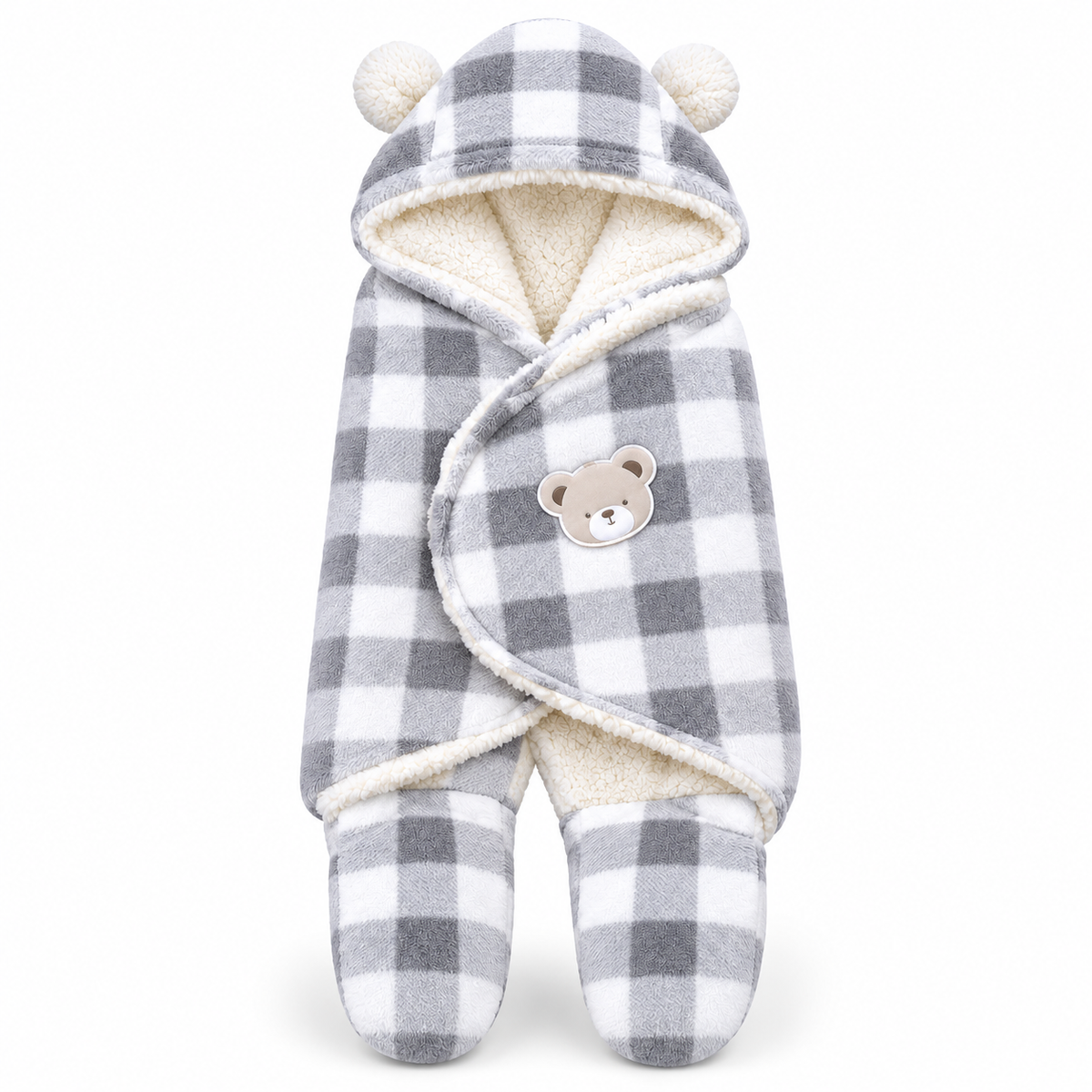 BabyCo grey and white check sherpa-lined baby swaddle wrap with bear-ear hood and closed foot pockets