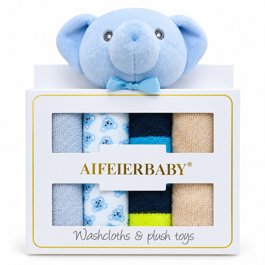 BabyCo CuddleCloud baby gift set with three cotton-blend washcloths and a blue plush elephant rattle toy
