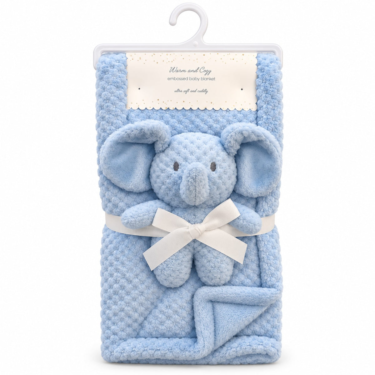 Baby blue premium plush fur baby blanket with matching elephant plush toy, ivory bow and folded blanket corner, BabyCo Pakistan