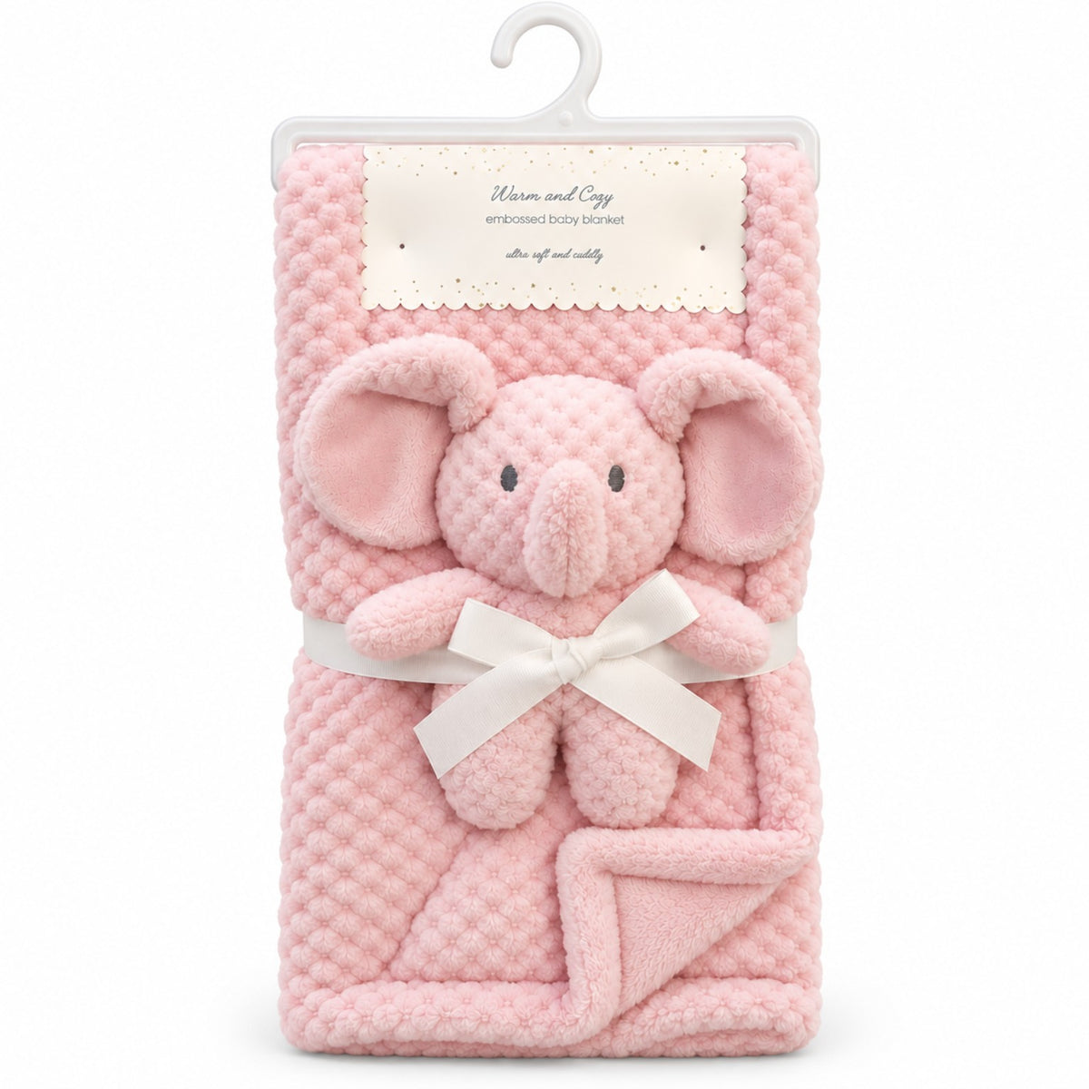 Blush pink premium plush fur baby blanket with matching elephant plush toy, ivory bow and folded blanket corner, BabyCo Pakistan
