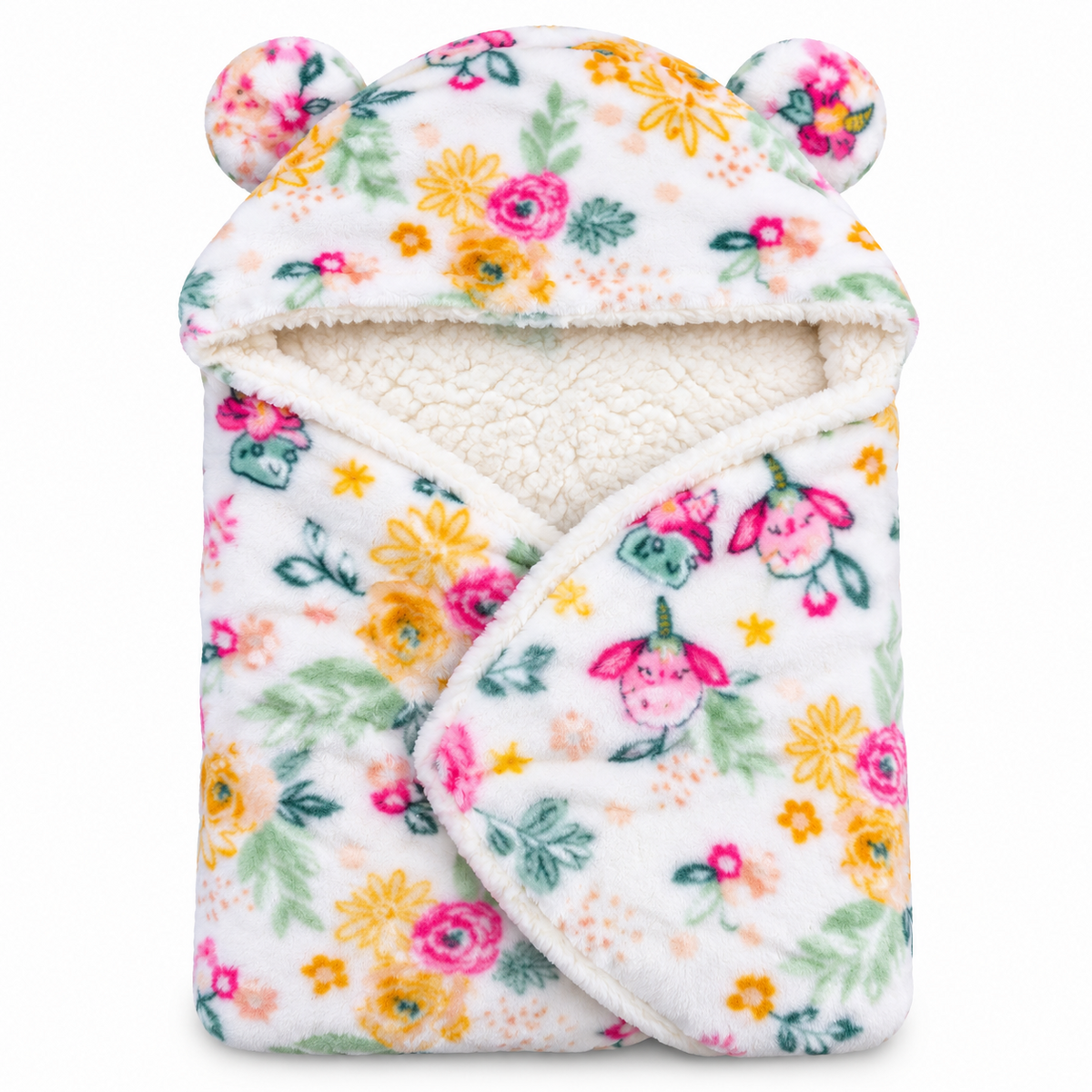 BabyCo floral unicorn hooded baby swaddle wrap with warm cream sherpa-style lining and rounded-ear hood, free size for newborns aged 0–3 months
