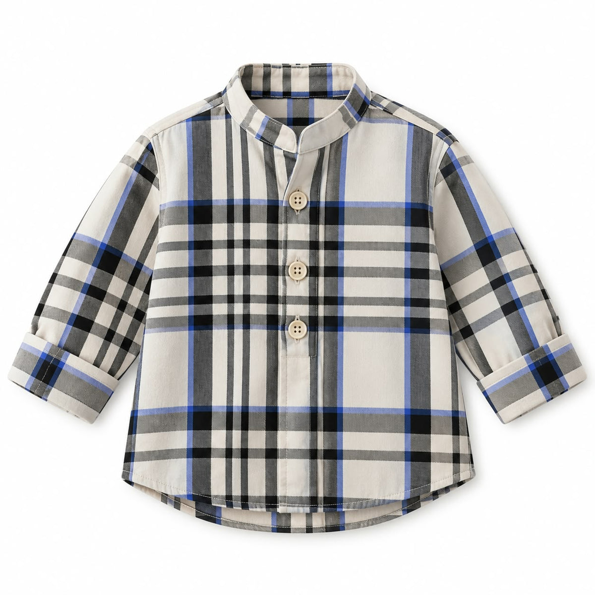 BabyCo ivory heritage check cotton twill baby shirt with black, grey and blue plaid, band collar and button front