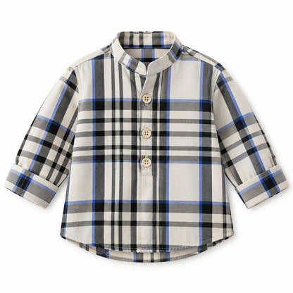 BabyCo ivory heritage check cotton twill baby shirt with black, grey and blue plaid, band collar and button front