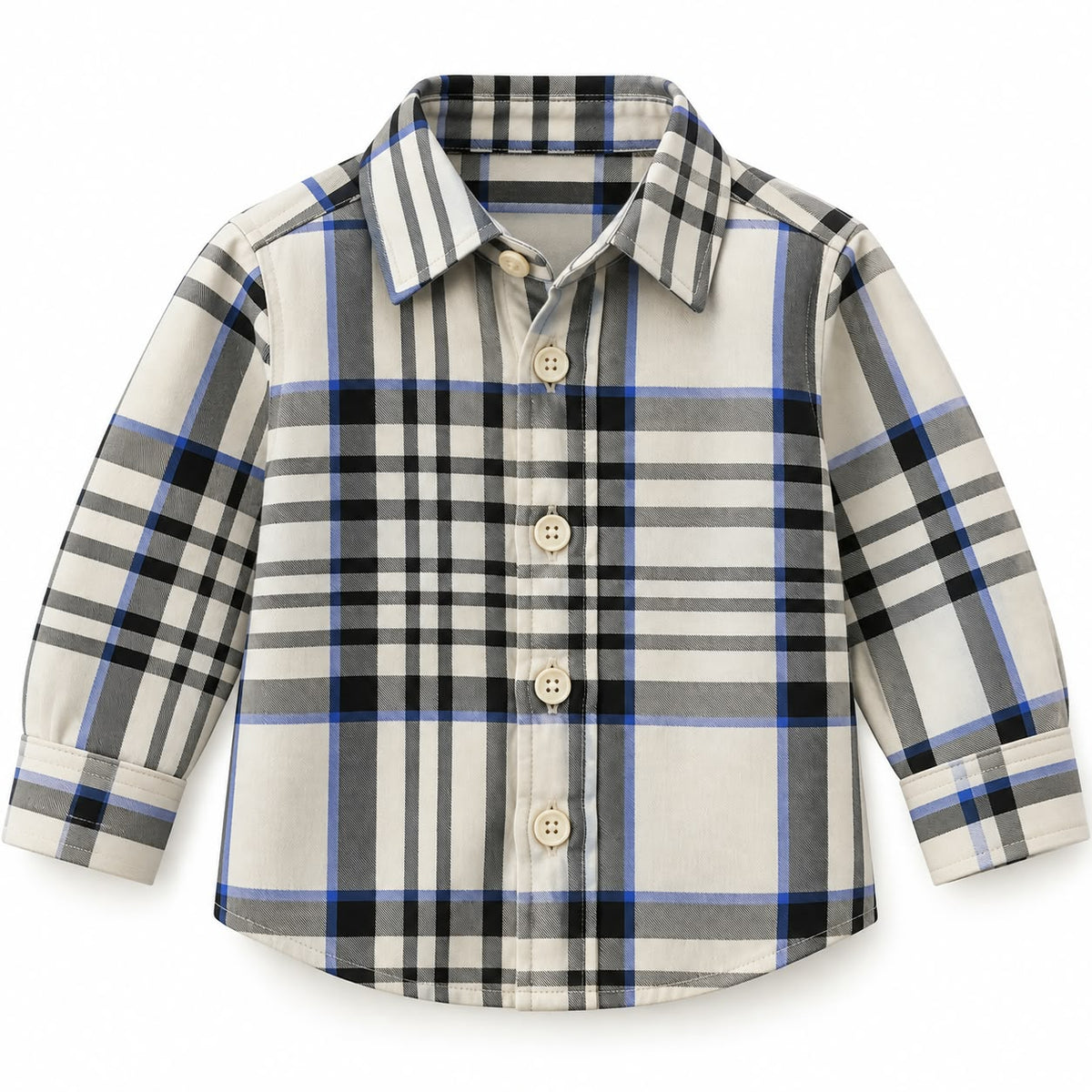 BabyCo ivory heritage check cotton twill baby shirt with black, grey and blue plaid, classic point collar and full button front