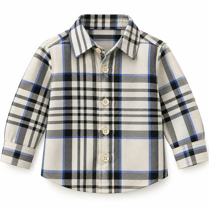 BabyCo ivory heritage check cotton twill baby shirt with black, grey and blue plaid, classic point collar and full button front