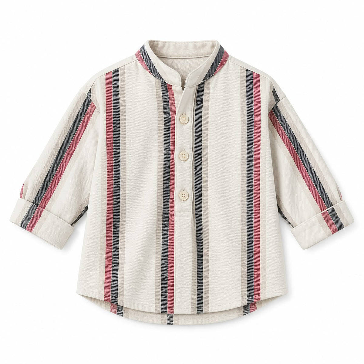 BabyCo ivory cotton twill baby shirt with burgundy and charcoal vertical stripes, band collar and half-button front, custom stitched for pre-winter and winter