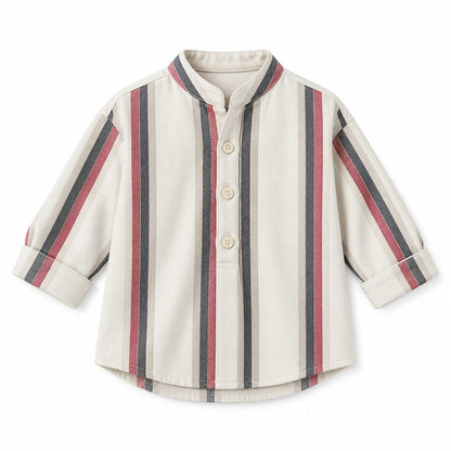 BabyCo ivory cotton twill baby shirt with burgundy and charcoal vertical stripes, band collar and half-button front, custom stitched for pre-winter and winter