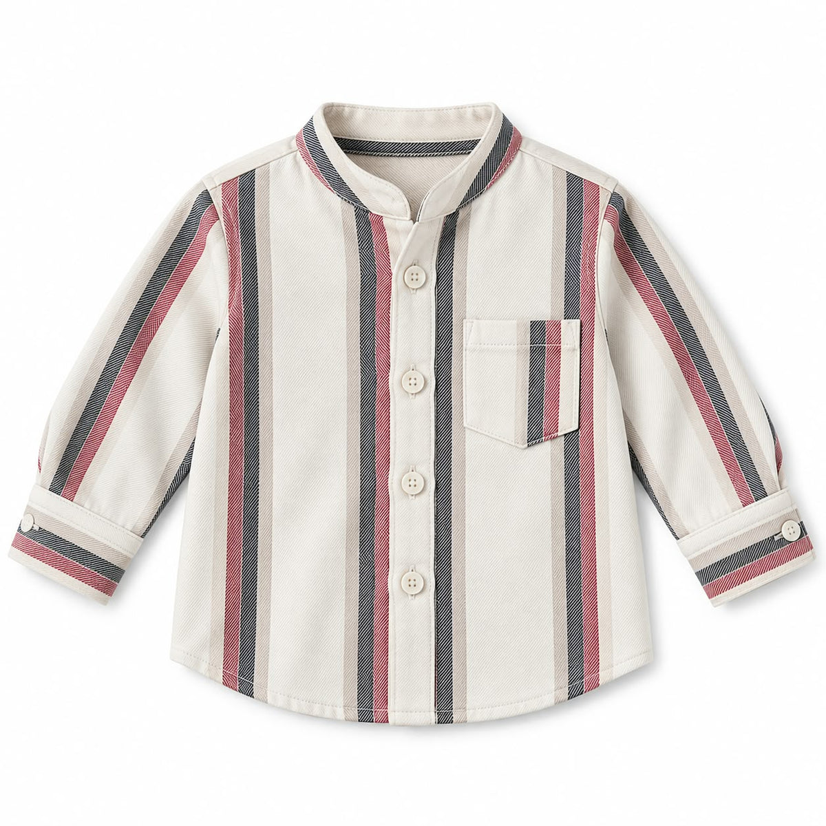 BabyCo ivory cotton twill baby shirt with burgundy and charcoal vertical stripes, band collar, chest pocket and full button front