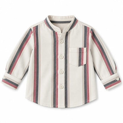 BabyCo ivory cotton twill baby shirt with burgundy and charcoal vertical stripes, band collar, chest pocket and full button front