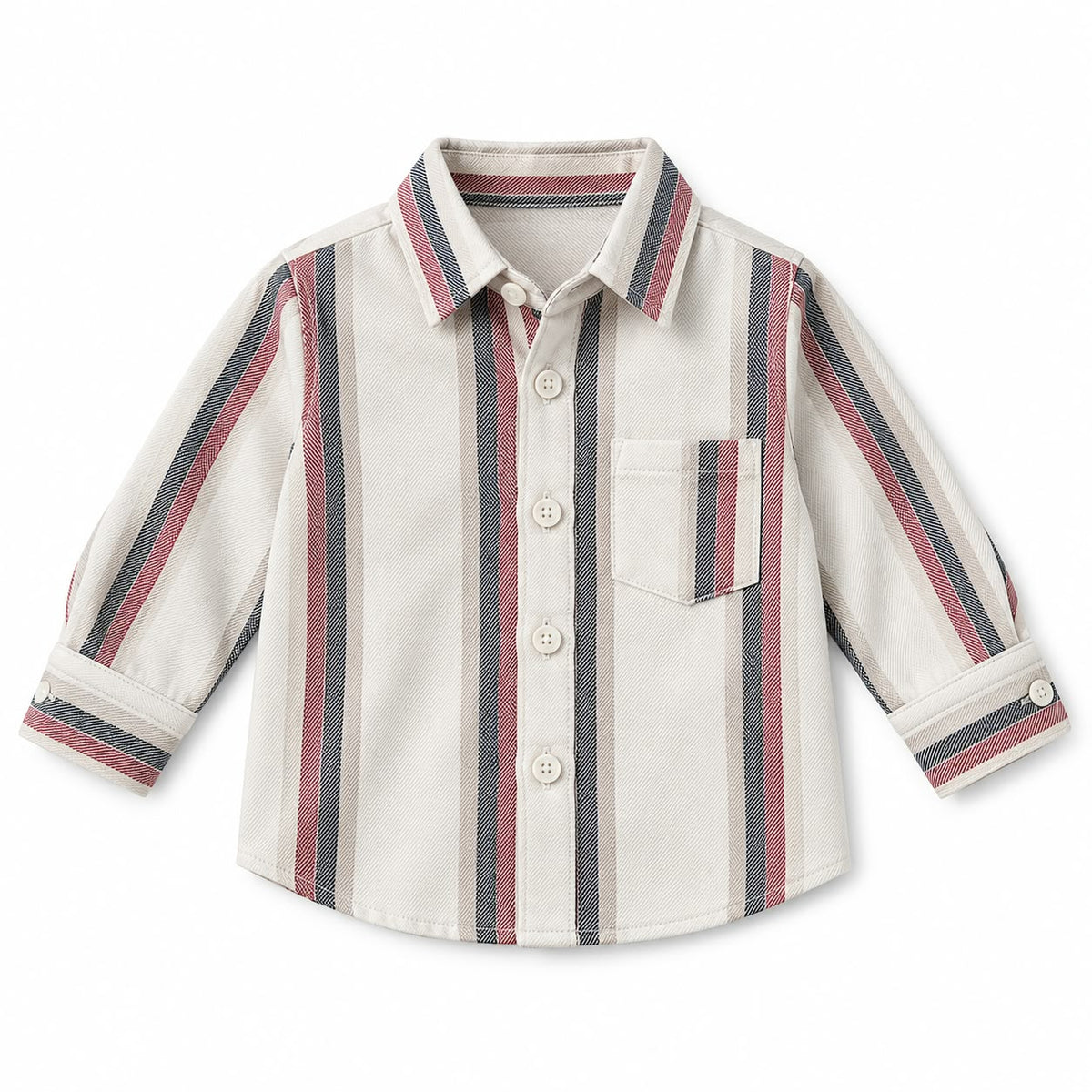BabyCo ivory cotton twill baby shirt with burgundy and charcoal vertical stripes, classic point collar, chest pocket and full button front