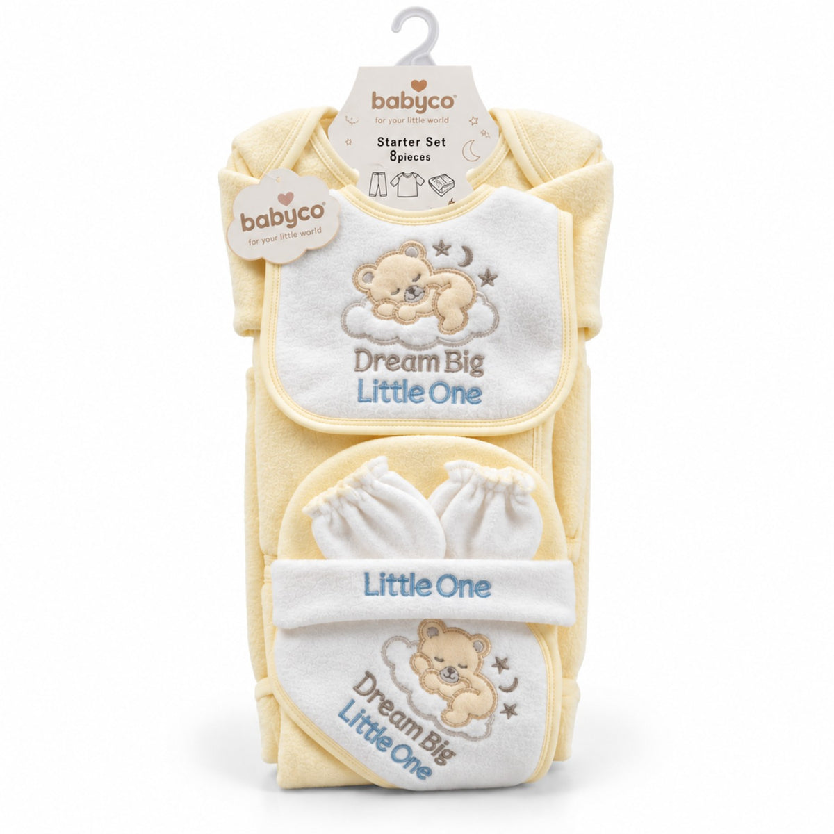 BabyCo lime 7-piece polar fleece newborn winter starter set with teddy bear design, clothing, cap and accessories