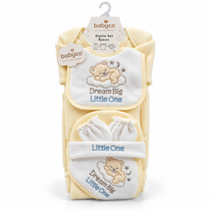 BabyCo lime 7-piece polar fleece newborn winter starter set with teddy bear design, clothing, cap and accessories