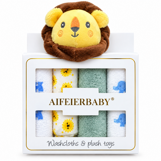 BabyCo Lion Cub 3-piece baby washcloth gift set with plush yellow lion rattle toy and coordinating washcloths in a gift box