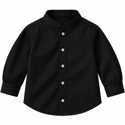 BabyCo black cotton twill baby shirt with band collar and button front, suitable for pre-winter and winter