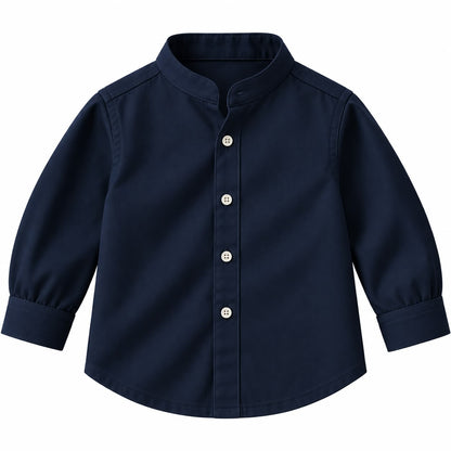 BabyCo navy blue cotton twill baby shirt with band collar and button front, custom stitched for pre-winter and winter