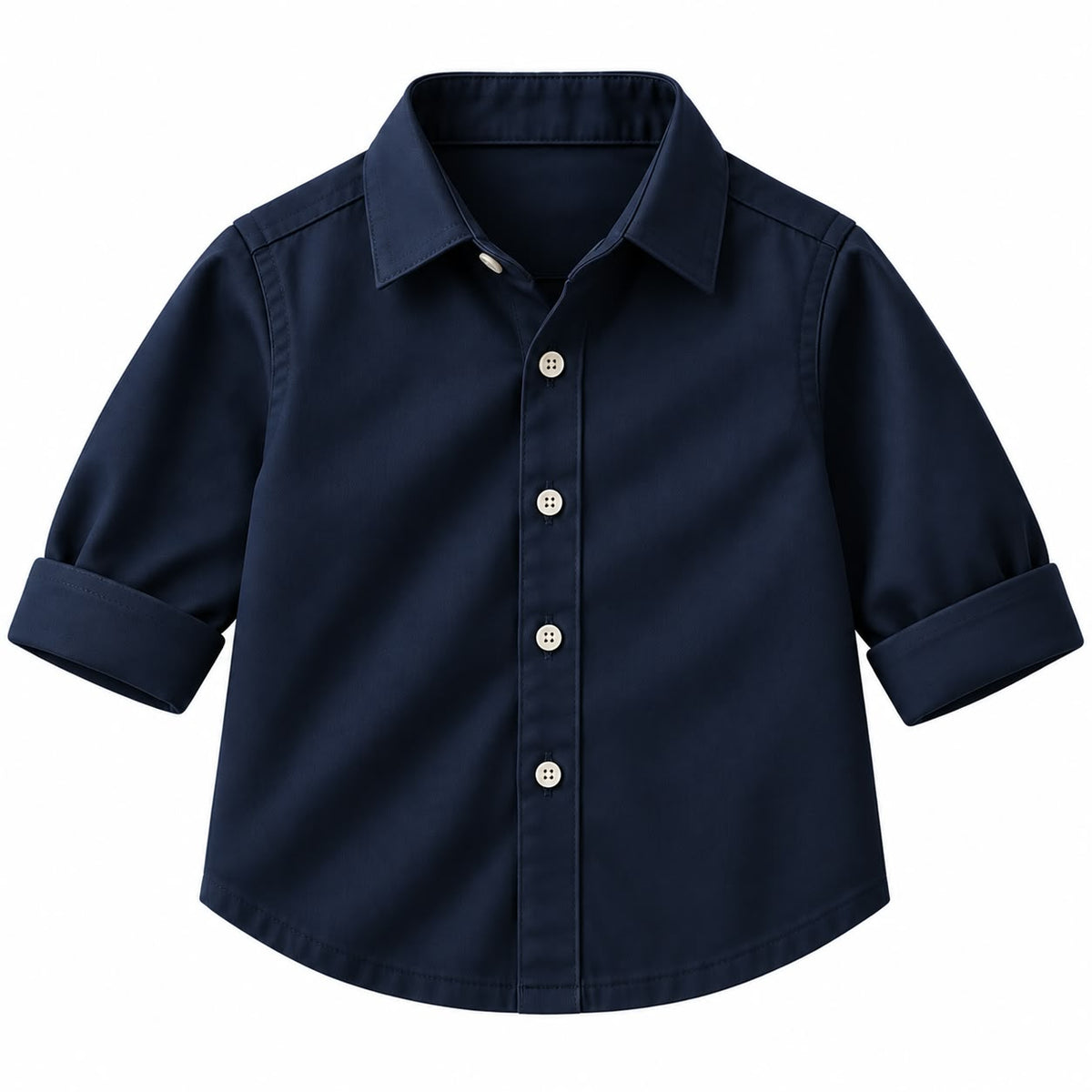 BabyCo navy blue cotton twill baby shirt with classic point collar and button front, custom stitched for pre-winter and winter