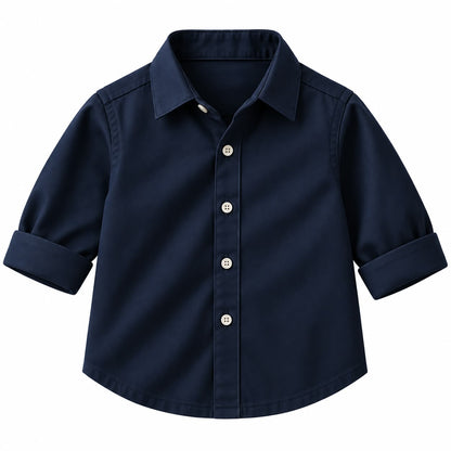 BabyCo navy blue cotton twill baby shirt with classic point collar and button front, custom stitched for pre-winter and winter