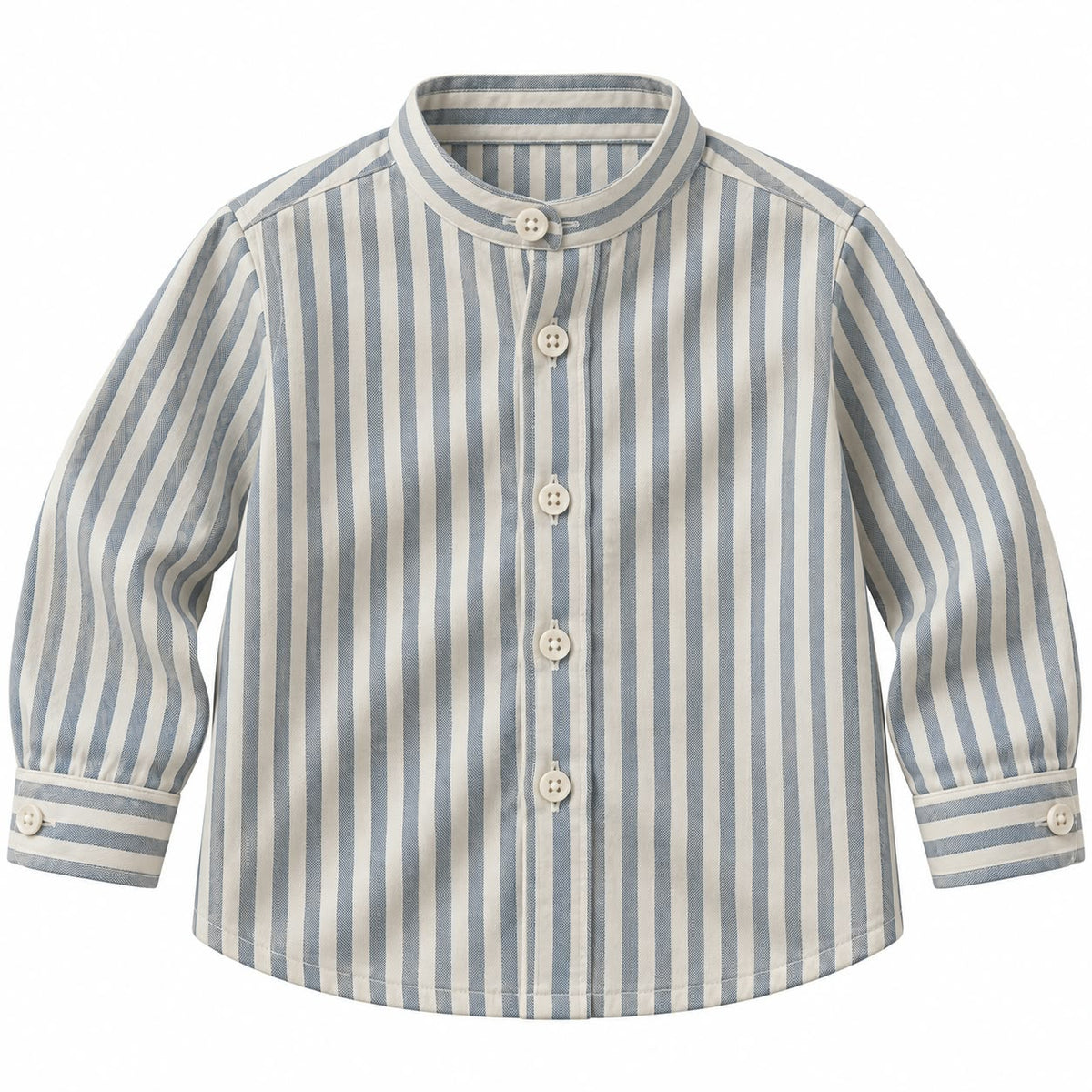 BabyCo ivory and grey vertical stripe cotton twill baby shirt with band collar and button front, custom stitched for pre-winter and winter