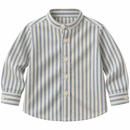 BabyCo ivory and grey vertical stripe cotton twill baby shirt with band collar and button front, custom stitched for pre-winter and winter