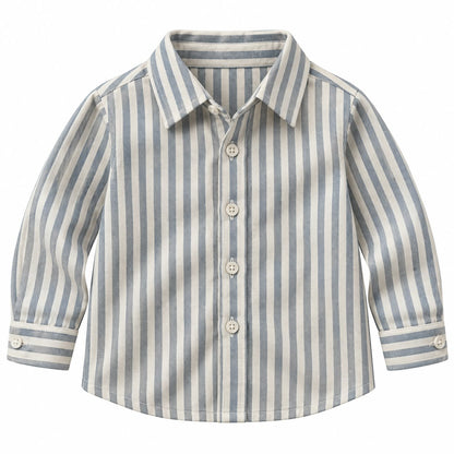 BabyCo ivory and grey vertical stripe cotton twill baby shirt with classic point collar and button front, custom stitched for pre-winter and winter
