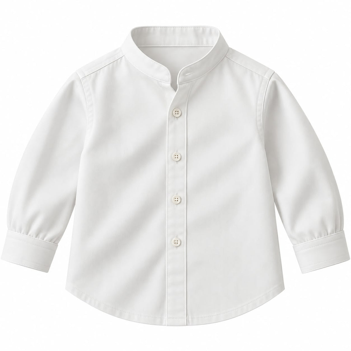 BabyCo white cotton twill baby shirt with band collar and button front, custom stitched for pre-winter and winter