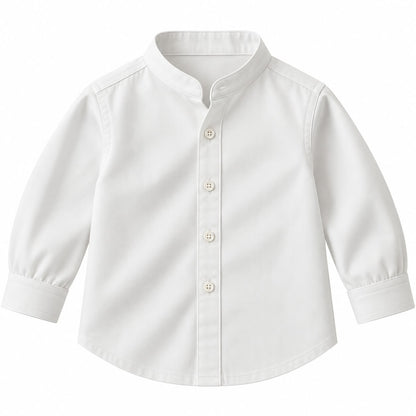 BabyCo white cotton twill baby shirt with band collar and button front, custom stitched for pre-winter and winter