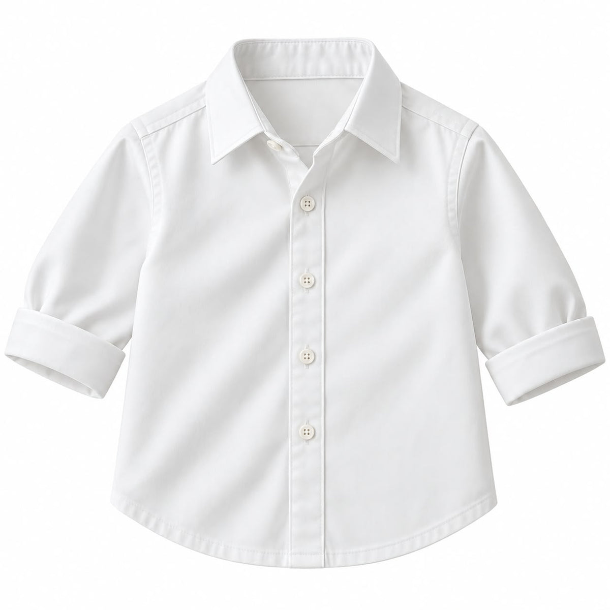 BabyCo white cotton twill baby shirt with classic point collar and button front, custom stitched for pre-winter and winter