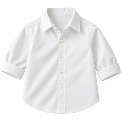 BabyCo white cotton twill baby shirt with classic point collar and button front, custom stitched for pre-winter and winter