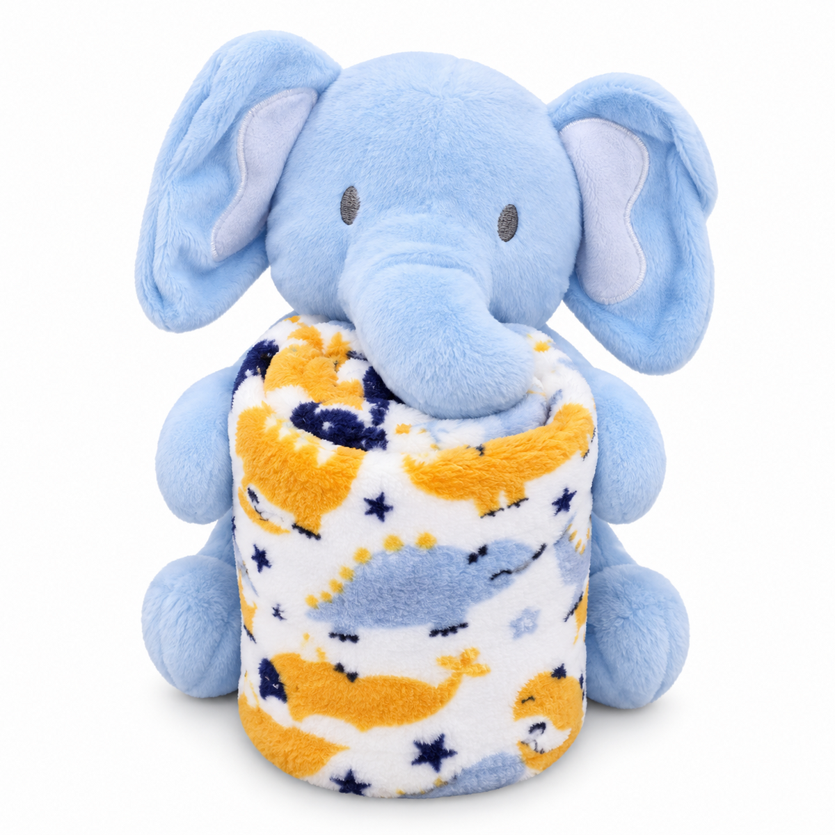 BabyCo Moonbeam Elephant baby blanket gift set with a soft blue plush elephant and white blanket patterned with blue and yellow moons and stars