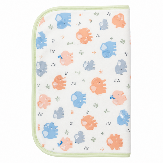BabyCo Pastel Elephant Parade diaper changing sheet with peach, blue and grey elephant print and pale green edging