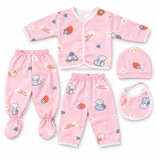 BabyCo pink 5-piece lite fleece winter newborn starter set with printed top, trousers, cap and bib