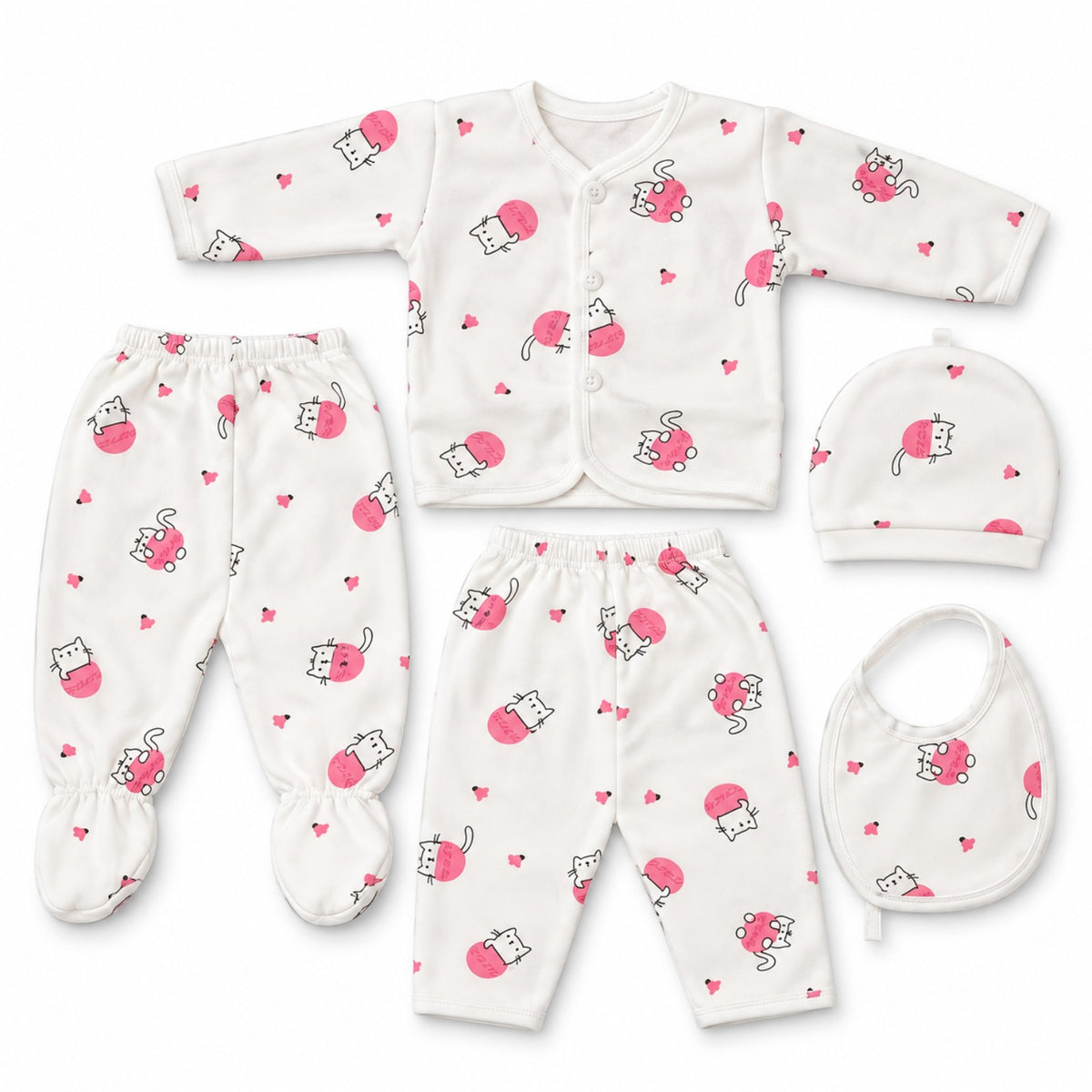 BabyCo pink 5-piece lite fleece winter newborn starter set with cat print top trousers cap mittens and bib