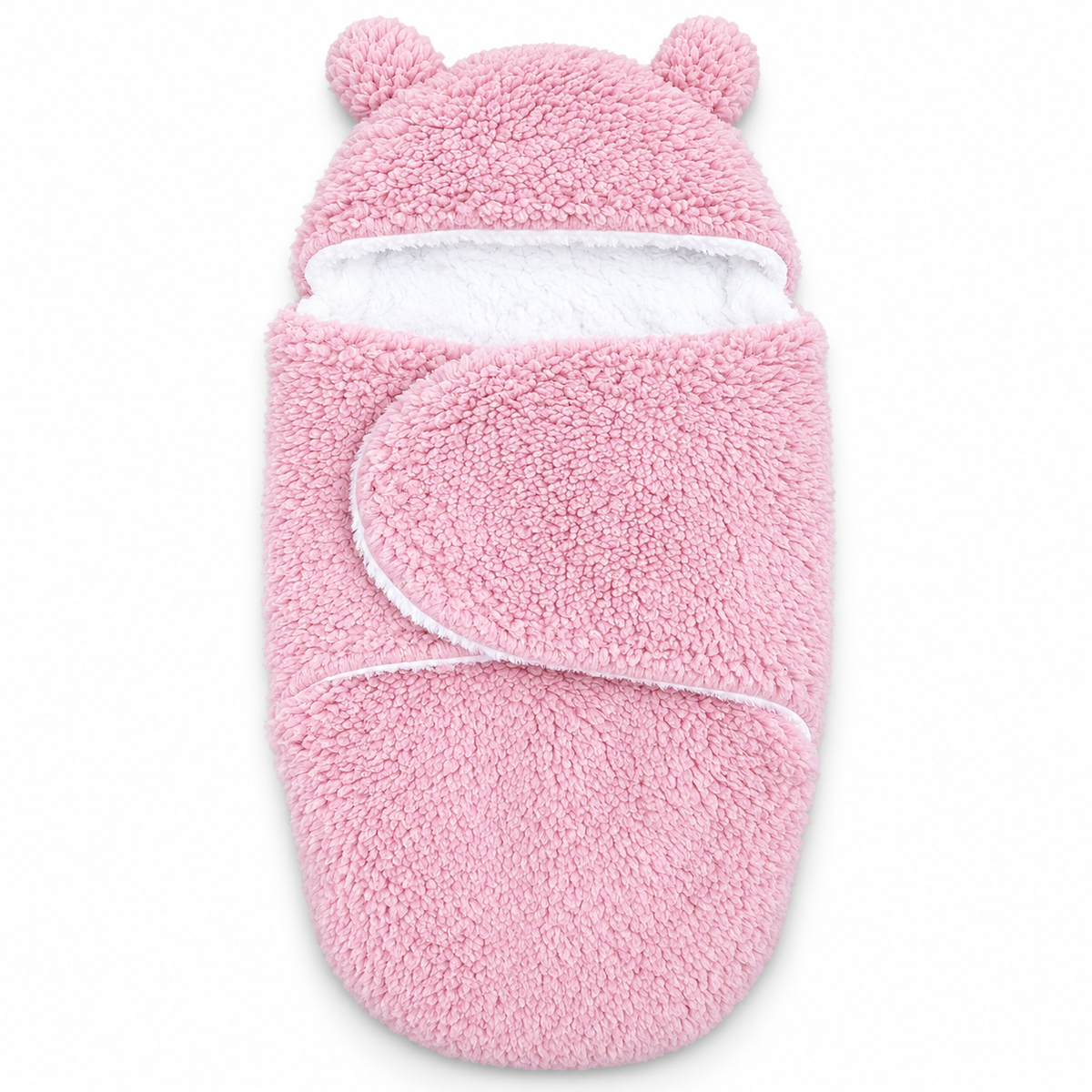 BabyCo pink plush hooded baby swaddle wrap with soft warm lining and bear-ear hood, suitable for newborns aged 0–3 months