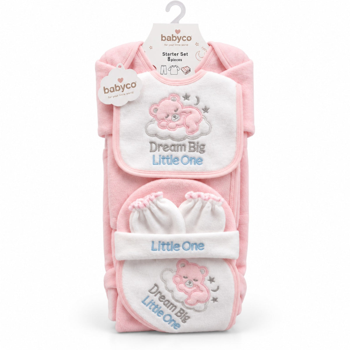 BabyCo pink 7-piece polar fleece newborn winter starter set with teddy bear design, clothing, cap and accessories