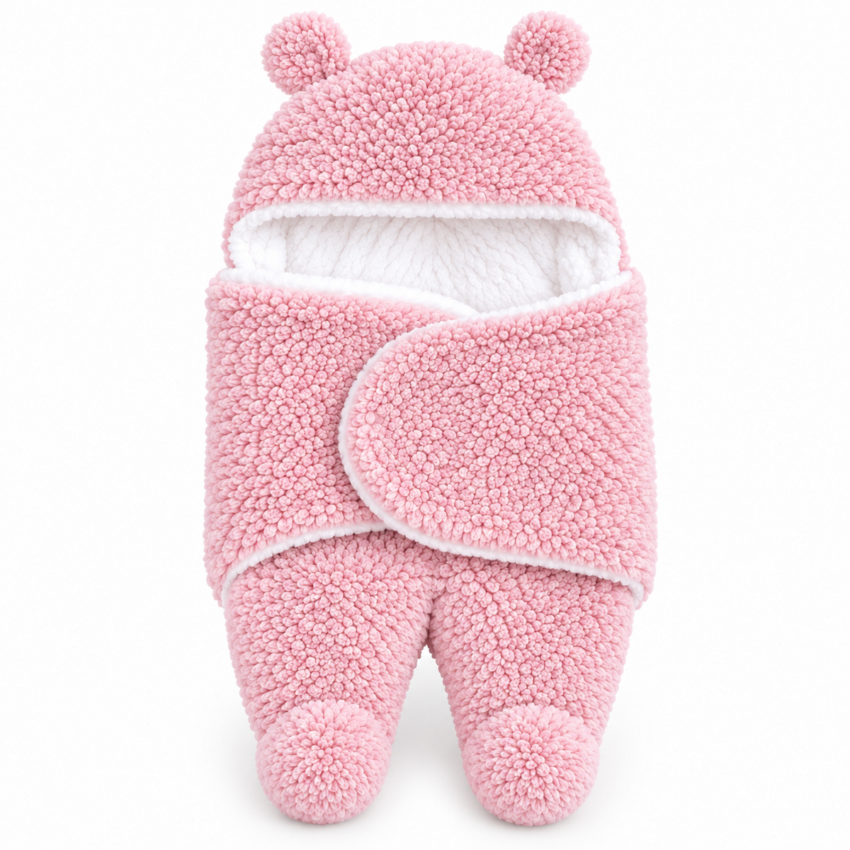 BabyCo PinkCloud pink plush hooded baby swaddle wrap with rounded bear-ear hood and warm white lining, for babies aged 3–9 months