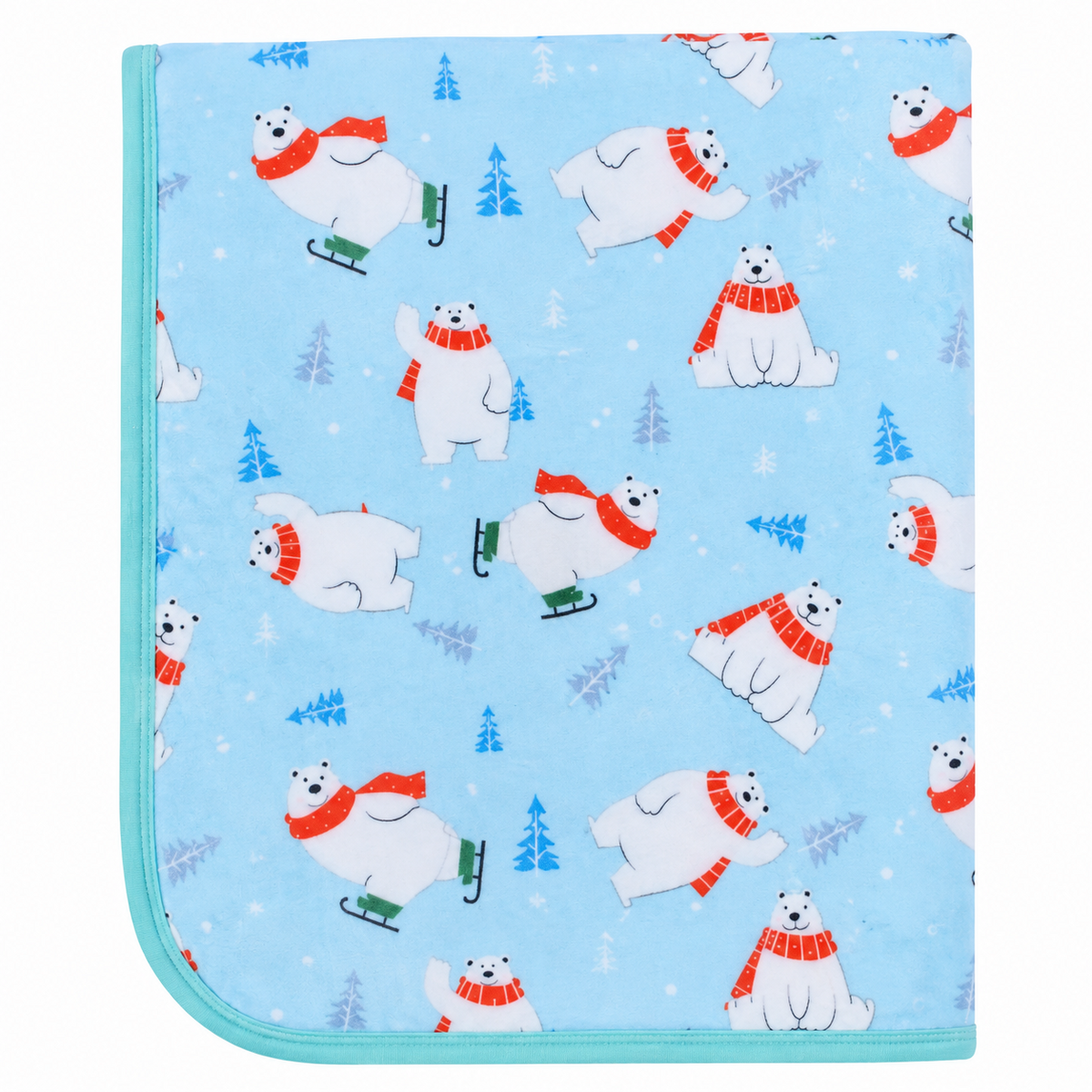 BabyCo Polar Bear Frosty Friends diaper changing sheet with blue winter print, white polar bears in red scarves and turquoise edging