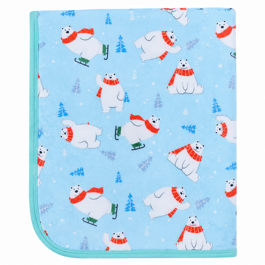 BabyCo Polar Bear Frosty Friends diaper changing sheet with blue winter print, white polar bears in red scarves and turquoise edging