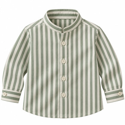 BabyCo sage green and ivory striped cotton twill baby shirt with band collar and full button front, custom stitched for pre-winter and winter