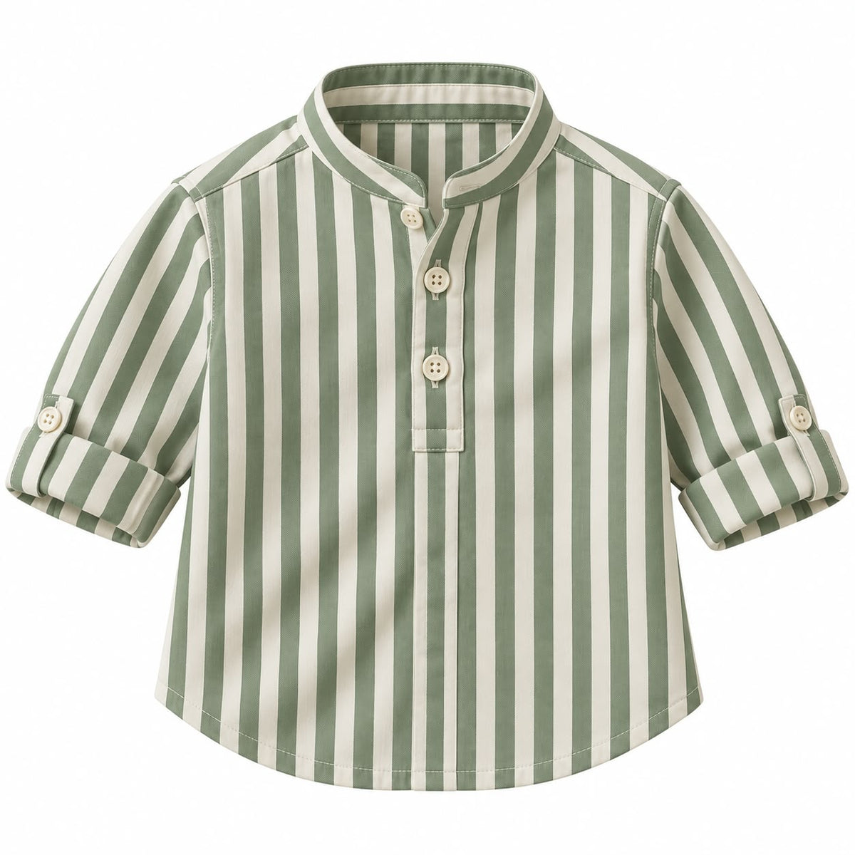 BabyCo sage green and ivory striped cotton twill baby shirt with band collar and half-button placket, custom stitched for pre-winter and winter