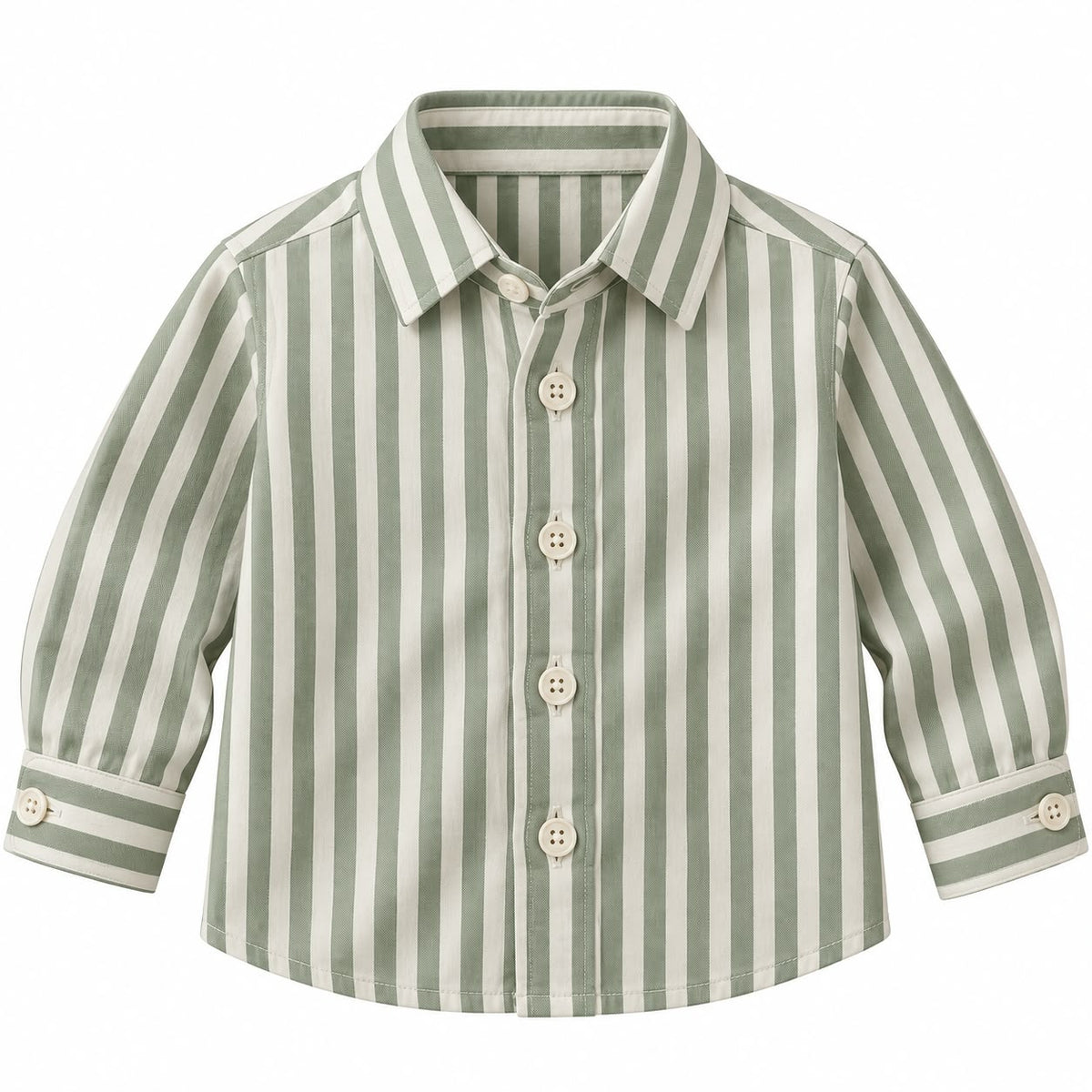BabyCo sage green and ivory striped cotton twill baby shirt with classic point collar and full button front, custom stitched for pre-winter and winter