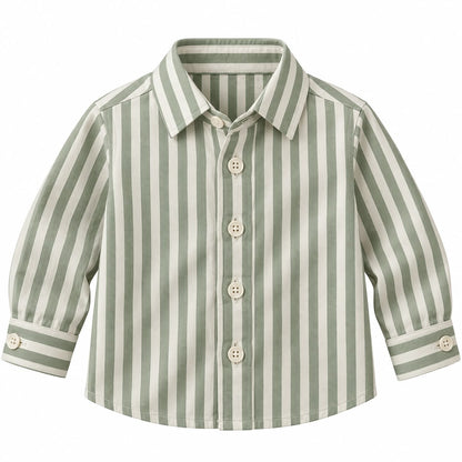 BabyCo sage green and ivory striped cotton twill baby shirt with classic point collar and full button front, custom stitched for pre-winter and winter