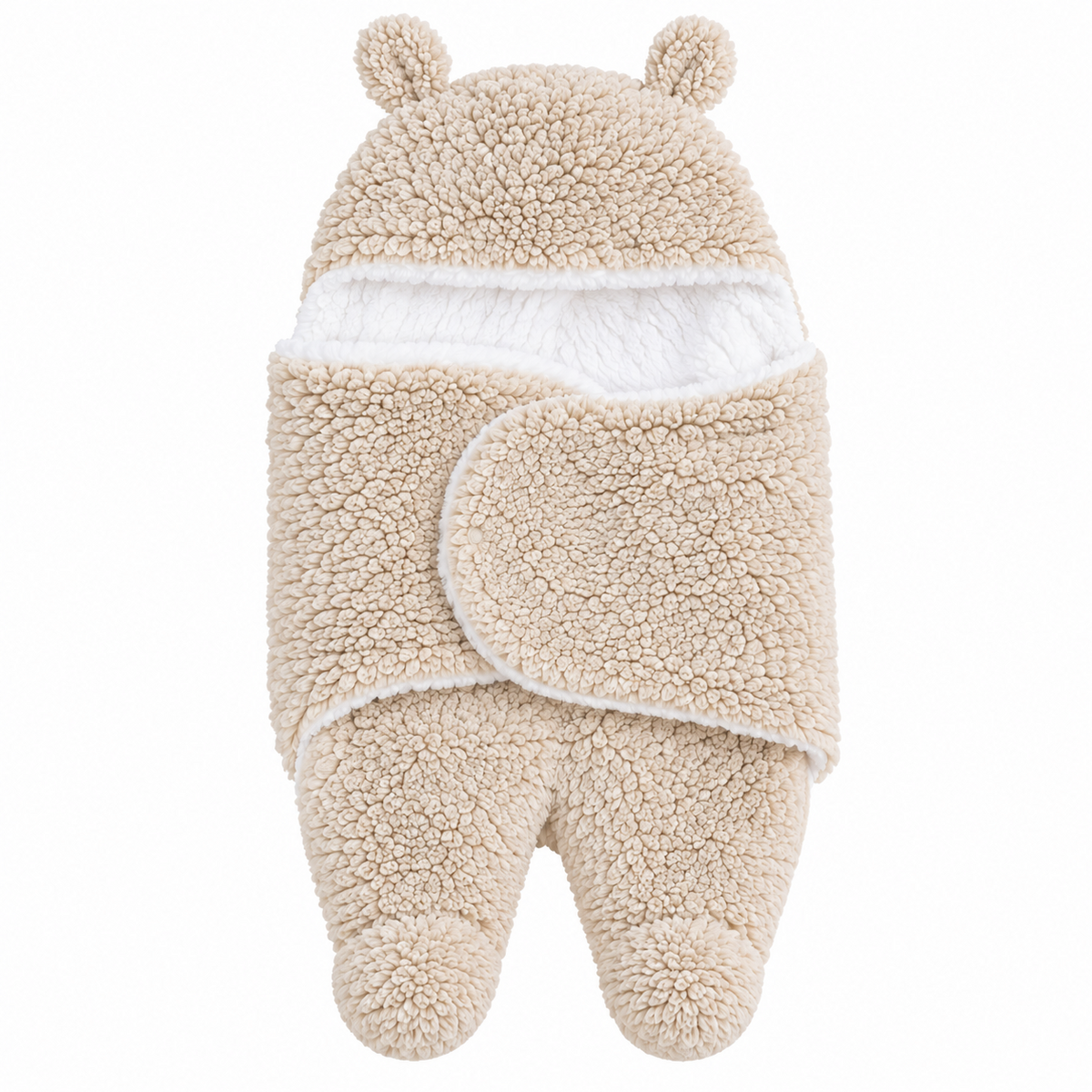 BabyCo SandCloud beige plush hooded baby swaddle wrap with bear-ear hood and warm white lining, for babies aged 3–9 months